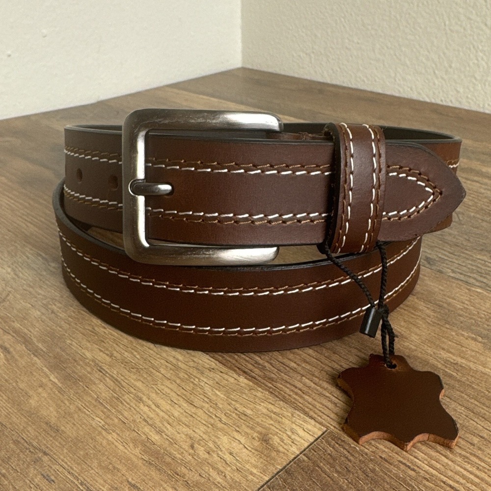Vintage Handmade Leather Belt Contrast Stitching Silver Buckle Brown Mens 40‎